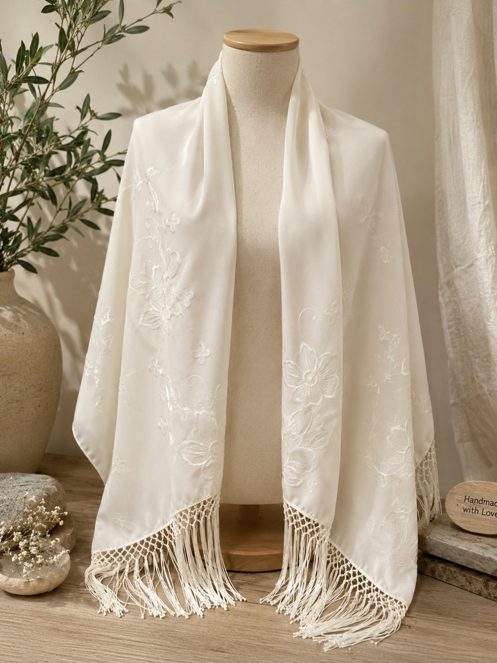Vintage Silk Elegant Ivory Embroidered Shawl with Fringe - Made In France